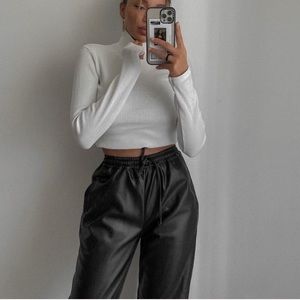 Zara High Waisted Wax Effect Straight Black Pants